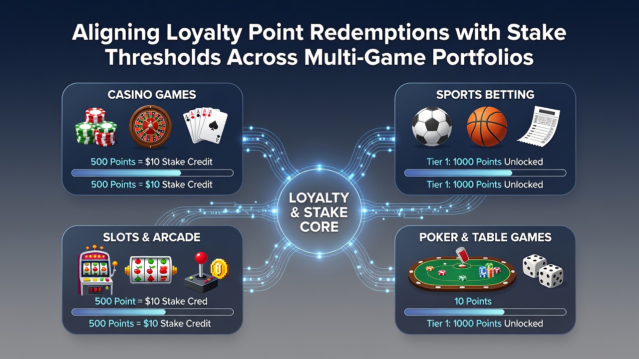 Dashboard view of multi-game portfolio with loyalty points aligned to stake thresholds and redemption history