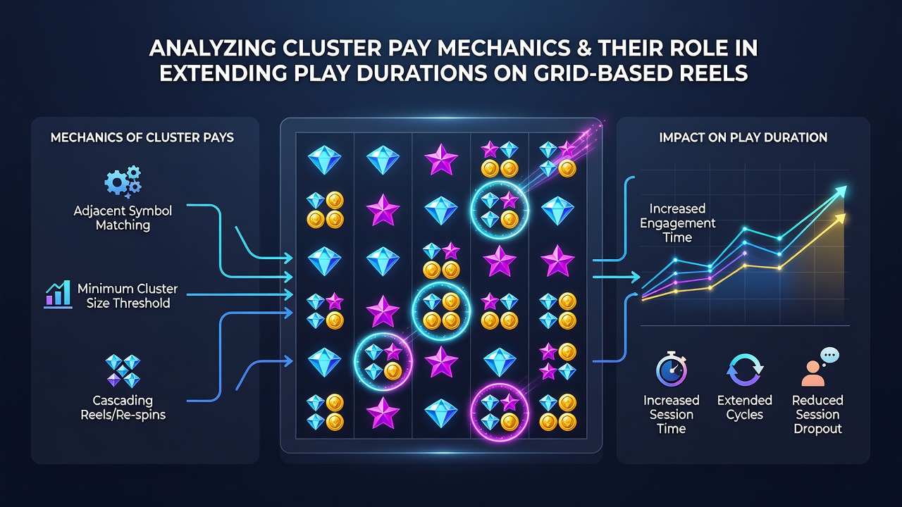 Illustration of cascading mechanics in a cluster pay grid where winning symbols disappear and new ones fall to form additional clusters