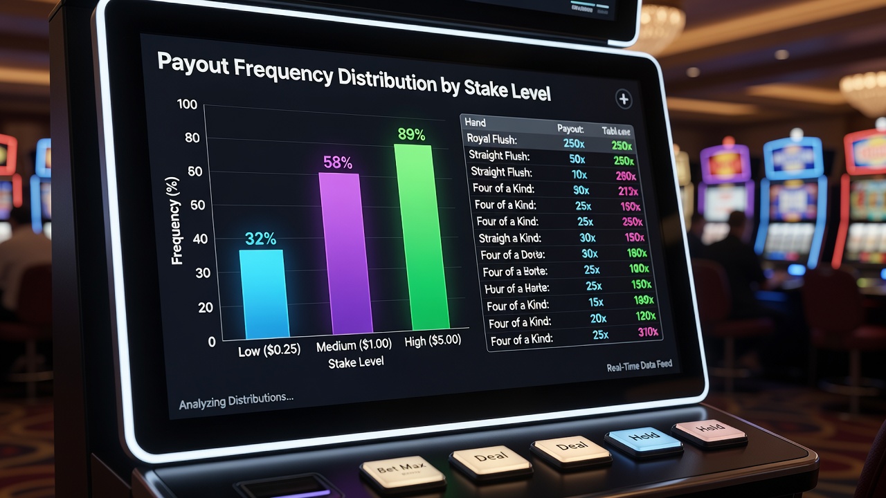 Graph displaying payout frequency curves for video poker hands at 1x, 5x, and 25x stake levels with statistical overlays