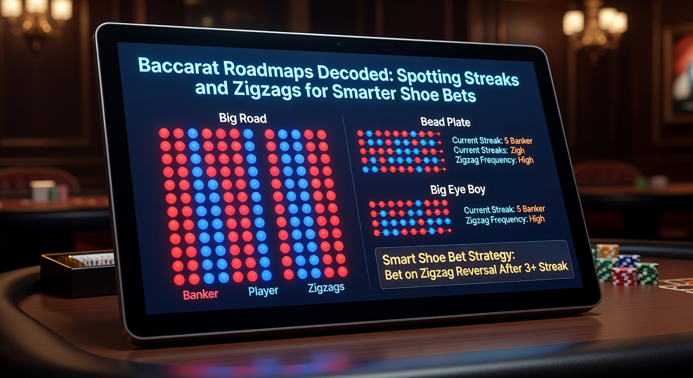 Baccarat shoe roadmap displaying zigzag patterns with alternating player and banker wins marked in blue and red across the grid