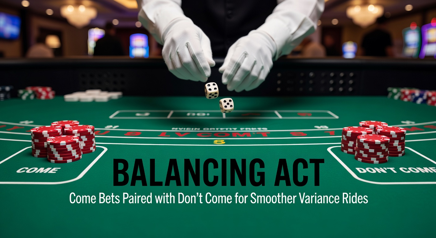 Close-up of chips on Come and Don't Come areas with dice mid-roll, illustrating paired bet positions