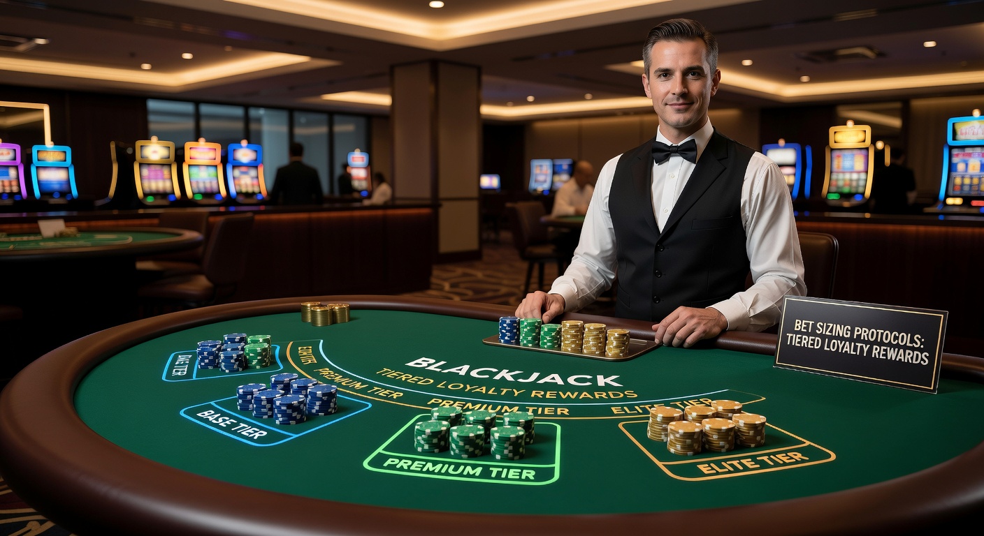 Player reviewing loyalty tier progress on a mobile app while seated at a blackjack table