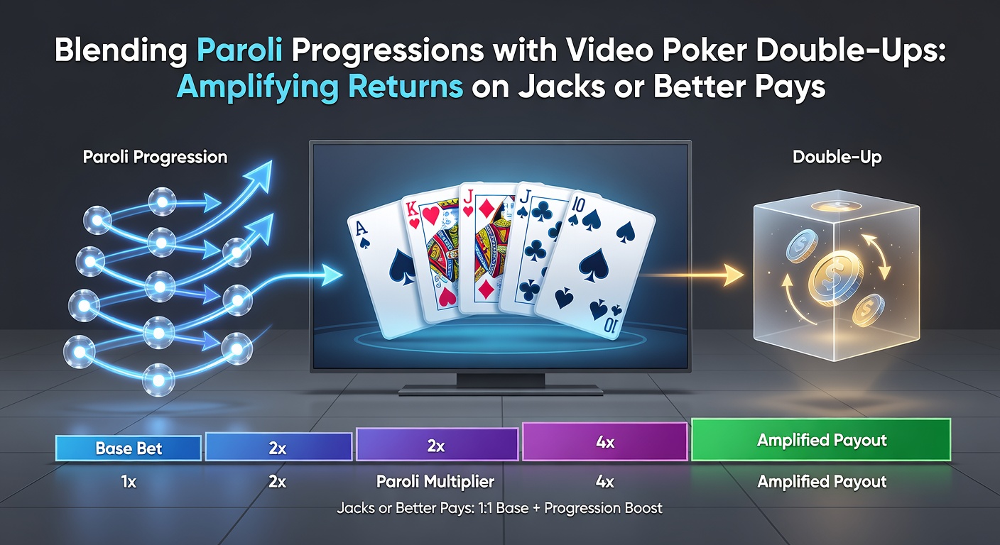Chart illustrating a Paroli progression sequence on Jacks or Better, showing unit bets escalating from a pair win through successful double-ups to a full house climax