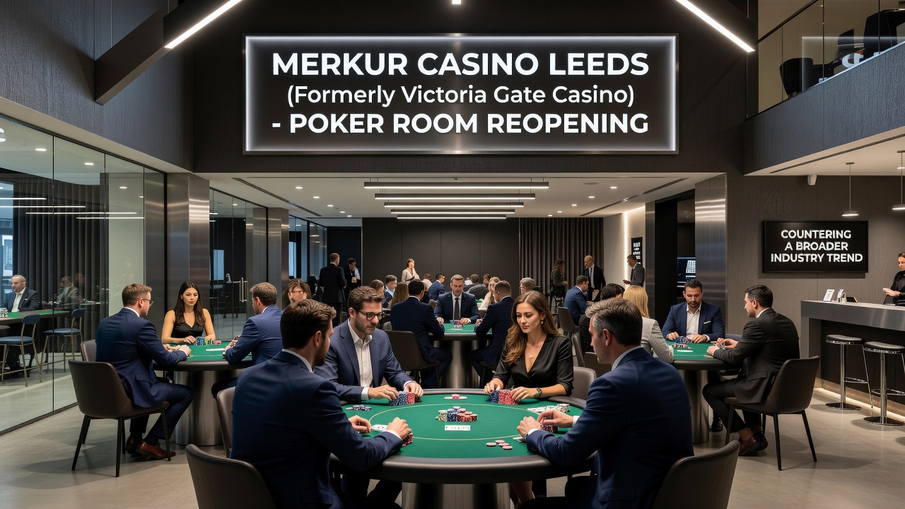 Interior poker room setup at a UK casino with green felt tables and dealer stations ready for play