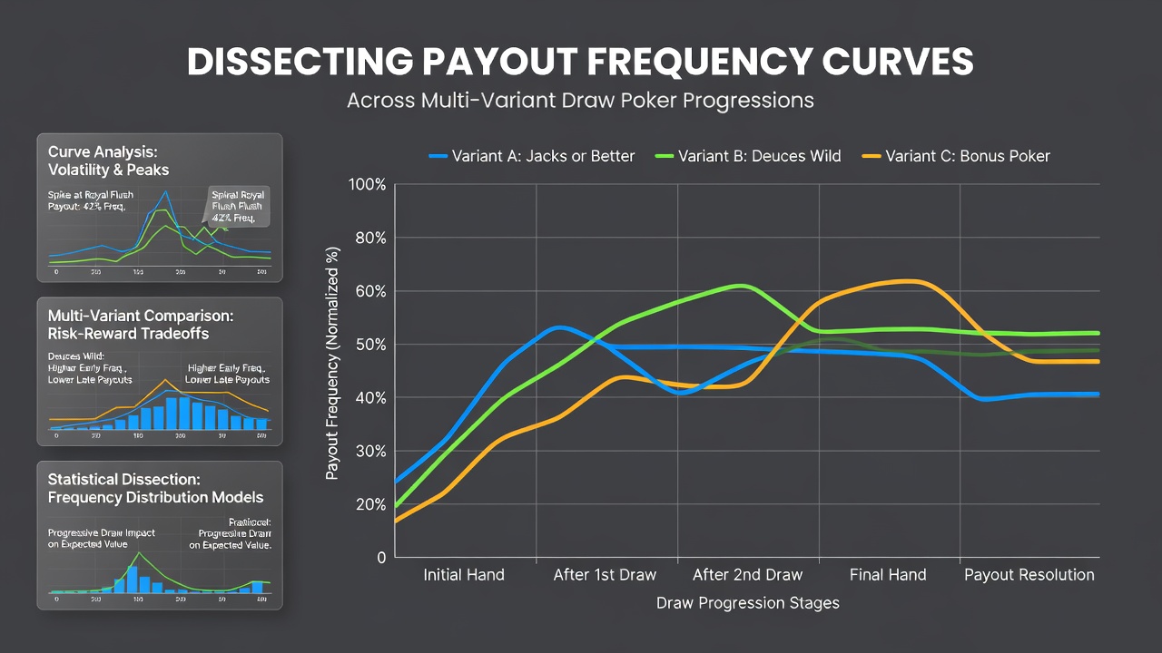 Detailed payout frequency curve graphs comparing multi-variant draw poker progressions with overlaid betting multiplier effects