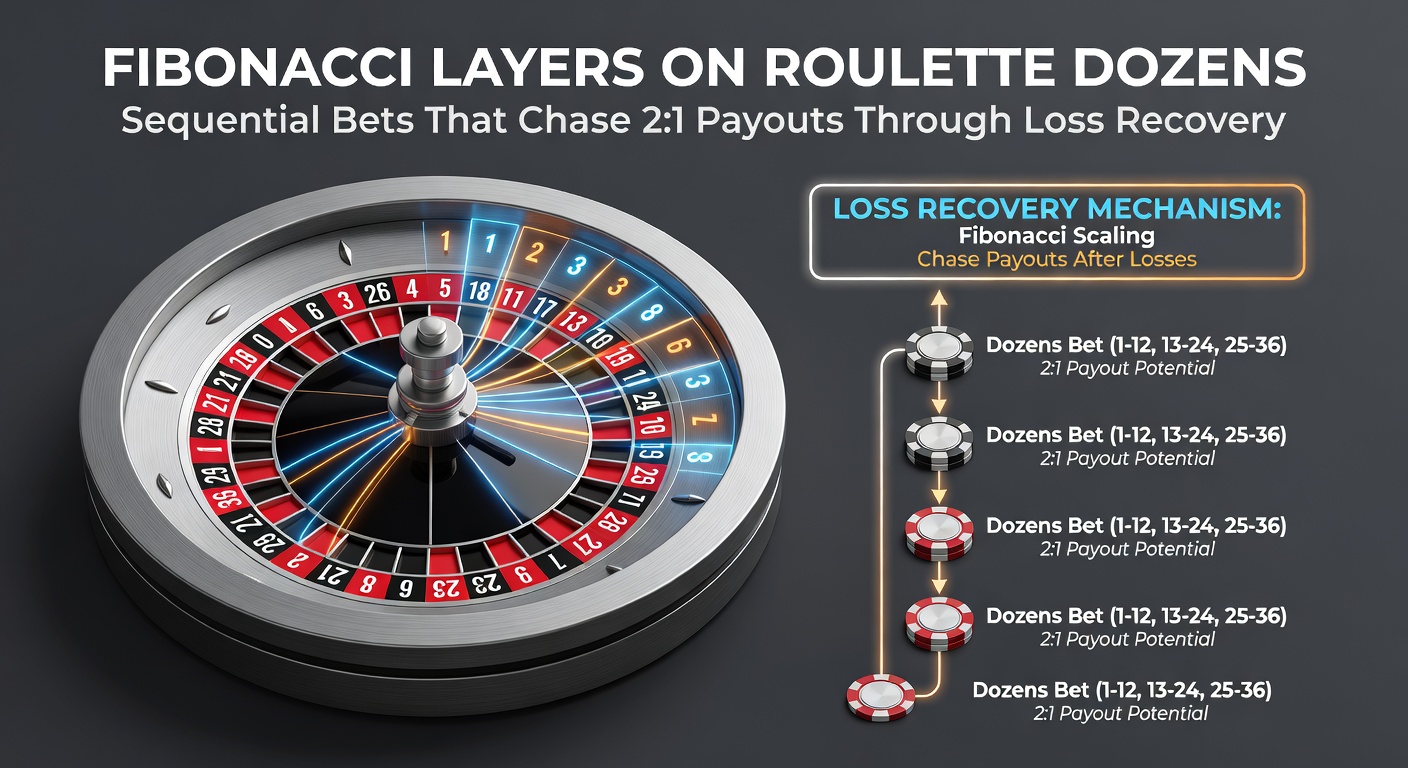 Chart showing Fibonacci betting progression on roulette dozens with win/loss recovery paths