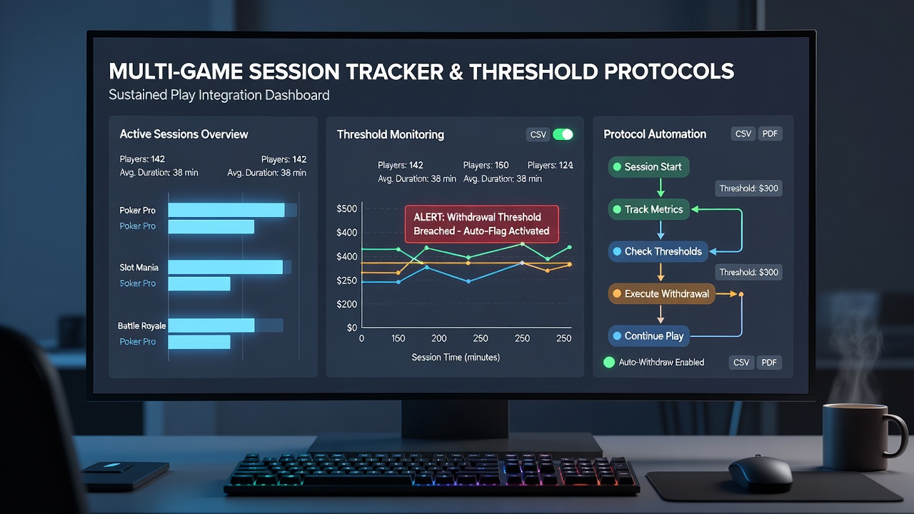 Flowchart illustrating data movement from individual games through a central tracking module to automated withdrawal triggers