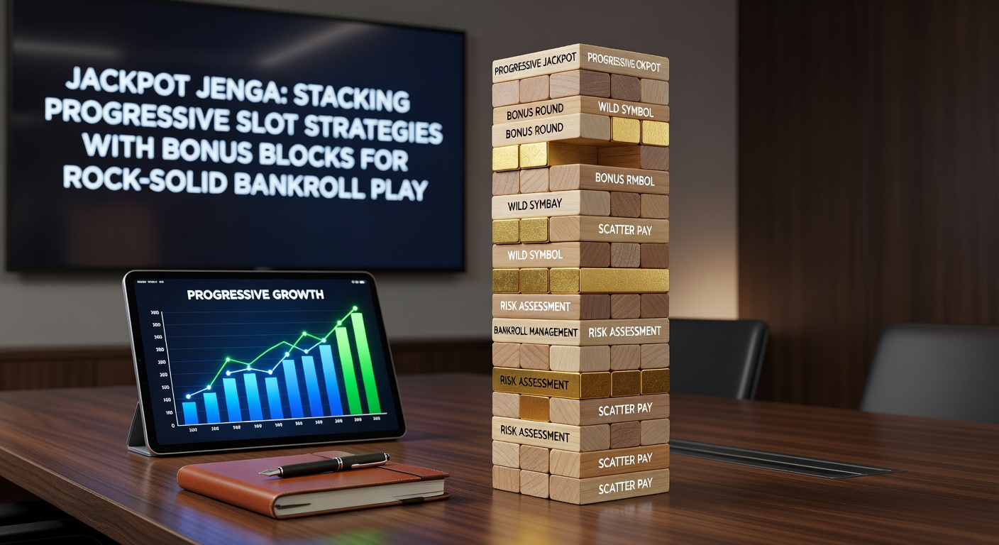 Close-up of Jenga blocks styled as slot symbols and jackpot chips being carefully stacked, symbolizing strategic layering of bonuses and progressive bets
