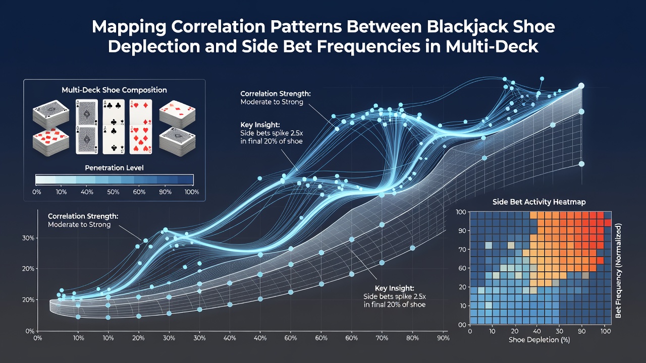 Table and scatter plot displaying frequency shifts for multiple side bets as blackjack shoe depletion progresses through multi-deck cycles