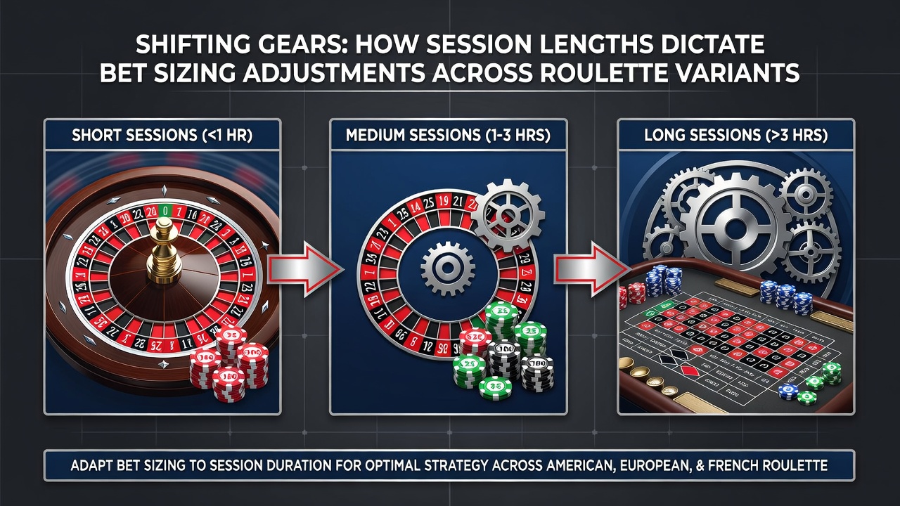 Comparison chart of roulette table layouts with session length indicators and bet size markers
