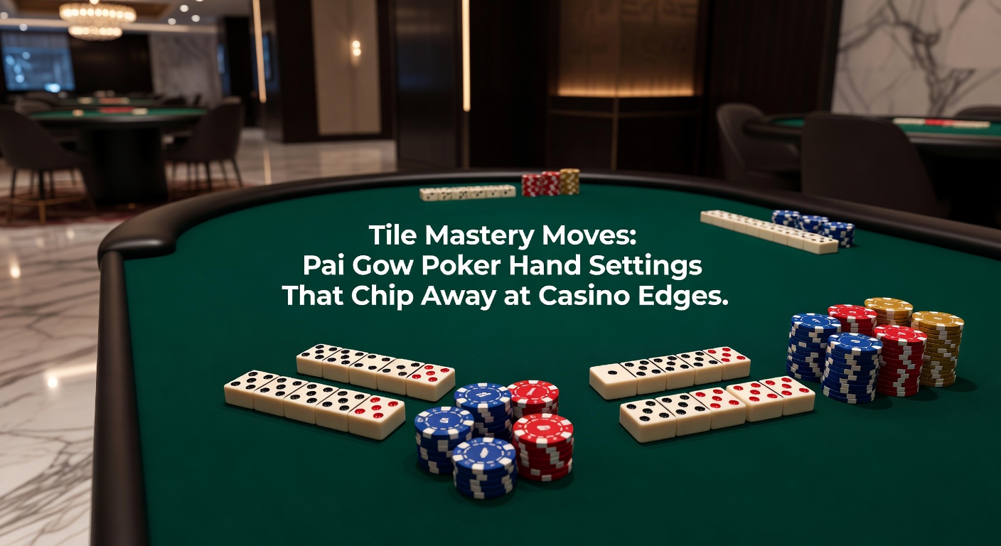 Player meticulously arranging Pai Gow Tiles into optimal high and low hands during a live casino session, tiles gleaming under overhead lights
