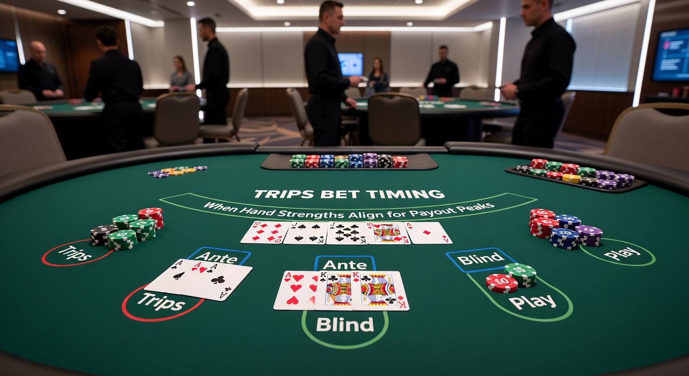 Close-up of Ultimate Texas Hold'em hand showing pocket pairs flopping into trips on the board, with chips stacked on trips bet circle